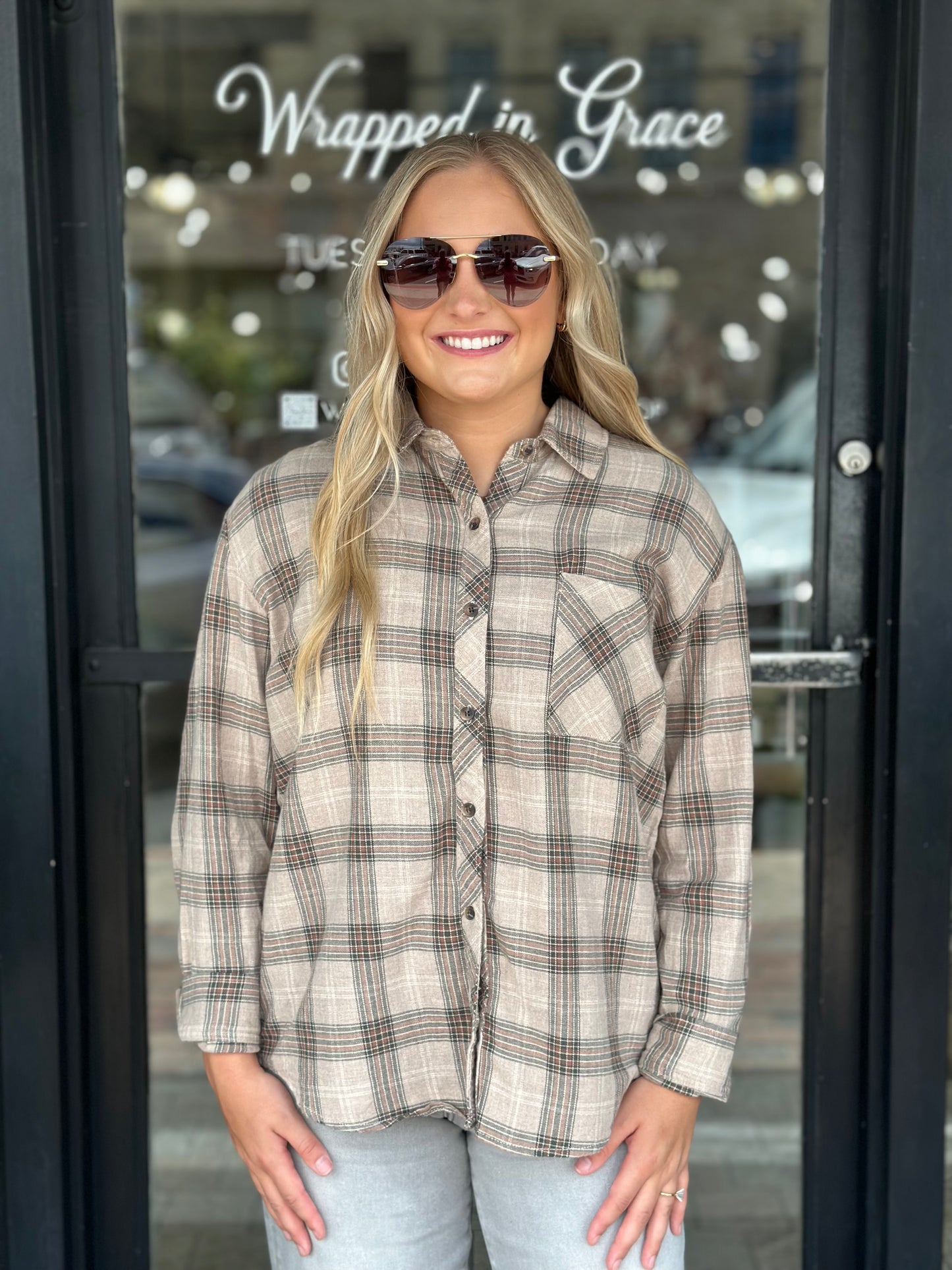 NEW! Autumn Breeze Flannel Top in Mushroom