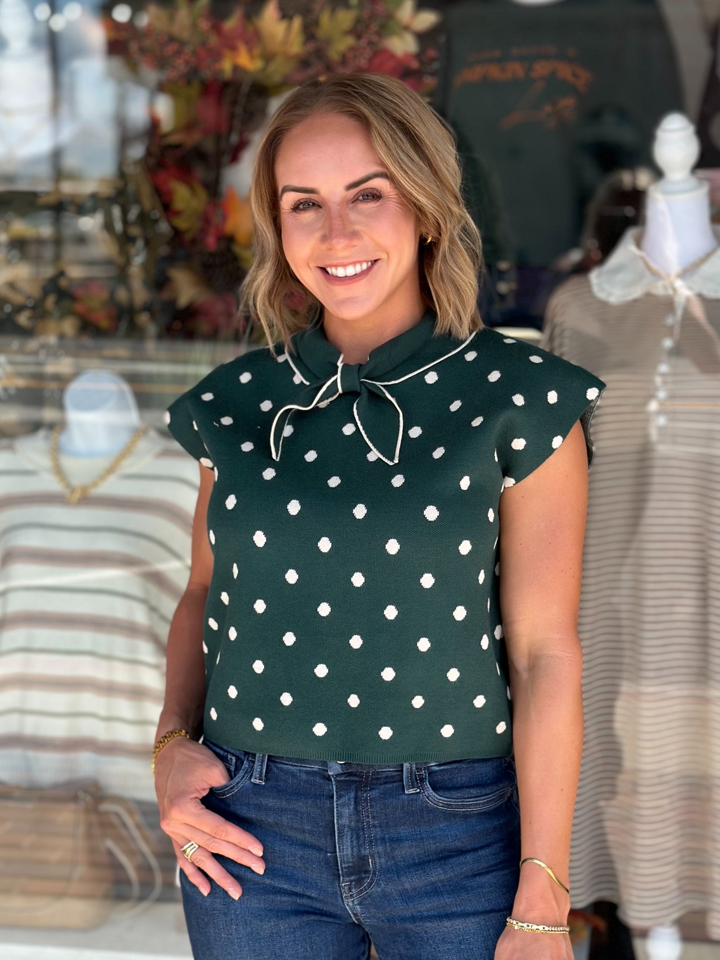 Sophisticated Polka Dot Sweater Top in Emerald