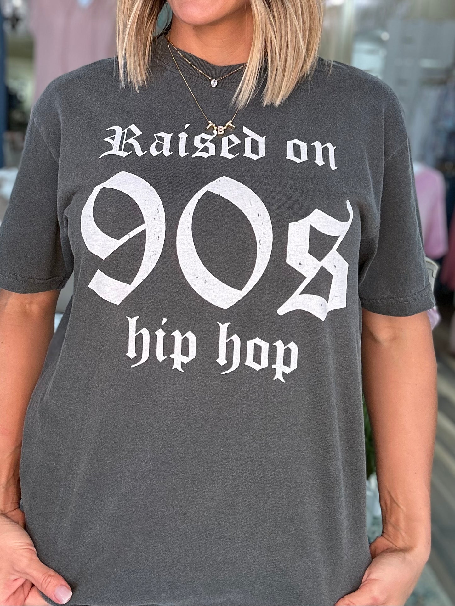 NEW! Raised on 90s Hip Hop tee in charcoal
