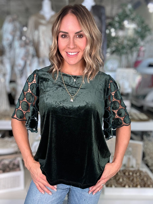 NEW! Home for The Holidays Velvet Top in Deep Green