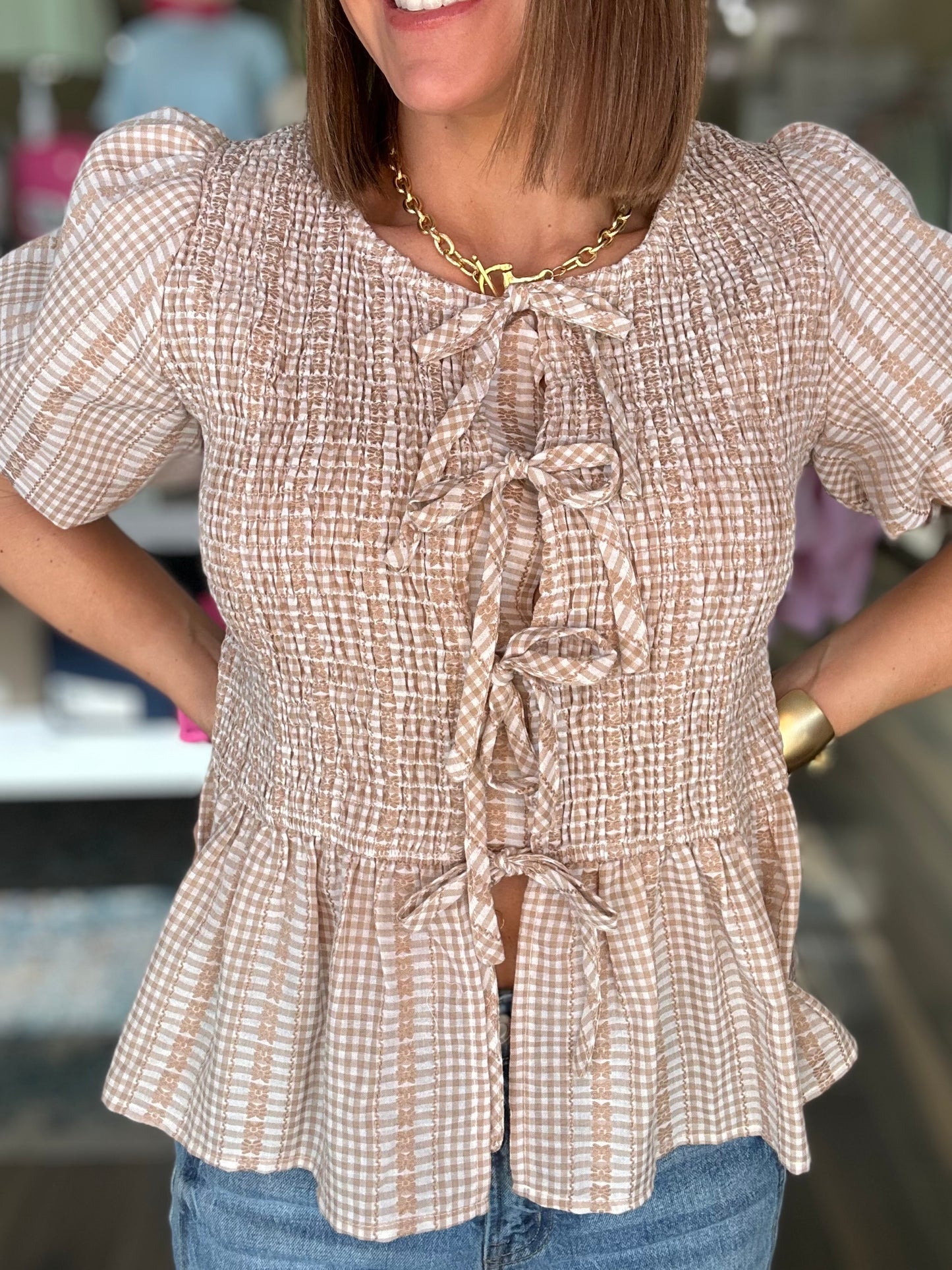 Sweet Glance Checkered Top in Latte