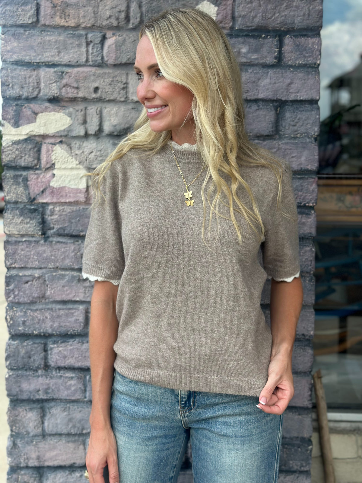 Love You Latte Scalloped Trim Sweater Top