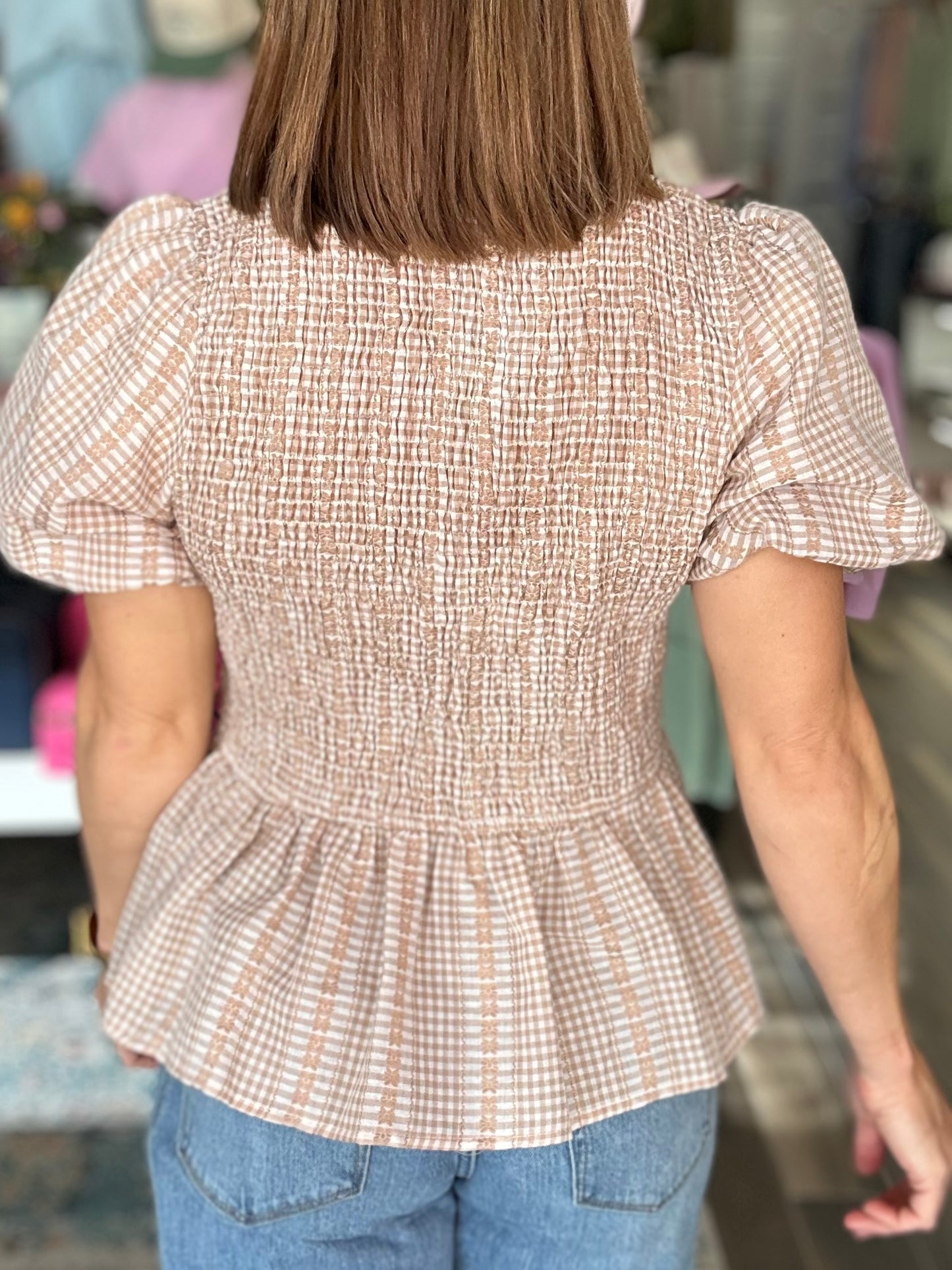 Sweet Glance Checkered Top in Latte