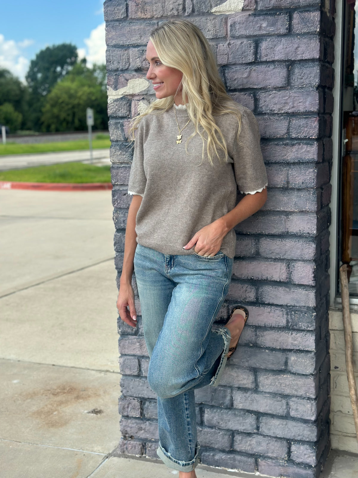 Love You Latte Scalloped Trim Sweater Top