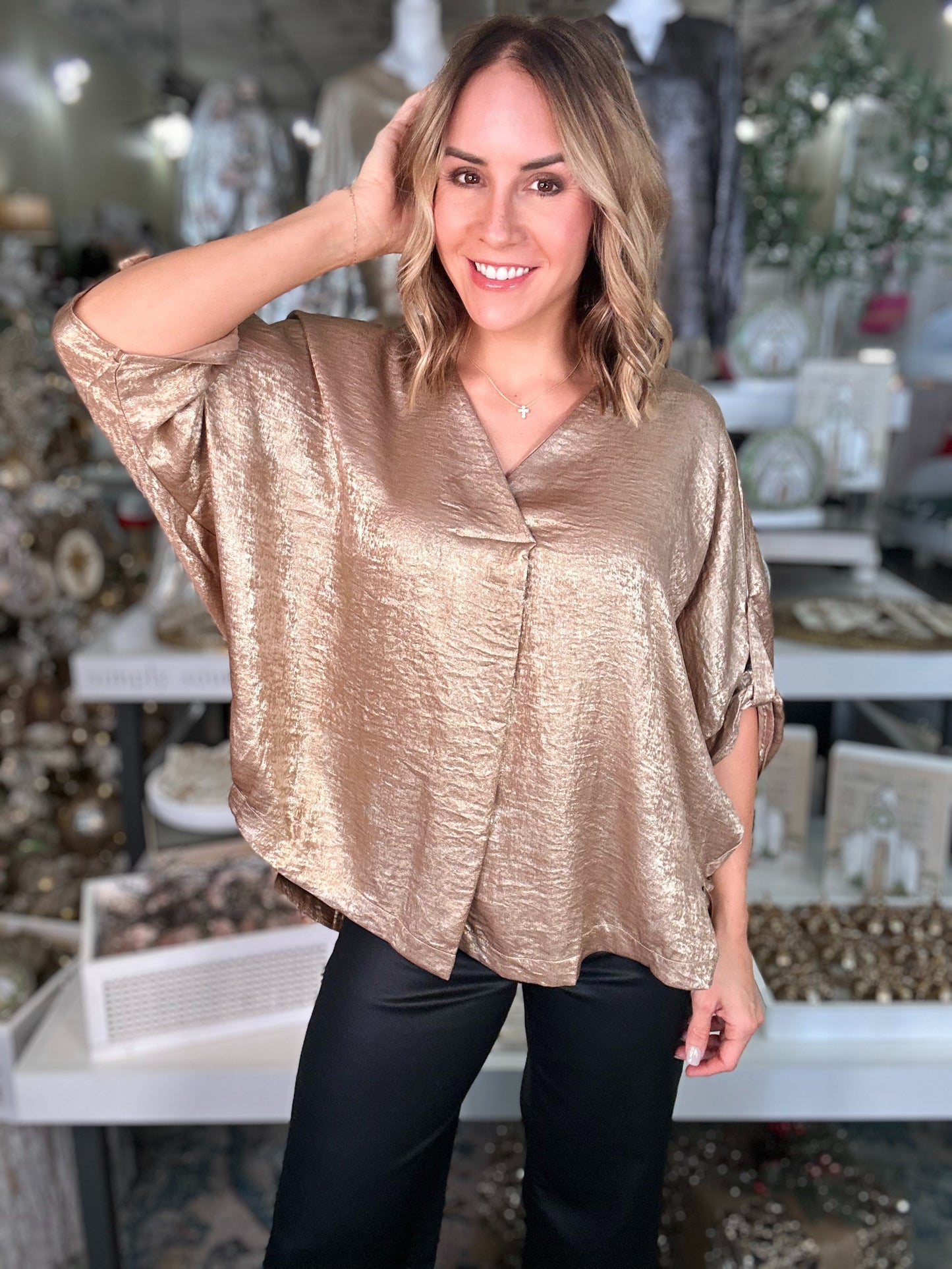 NEW! Glistening Metallic Top In Gold