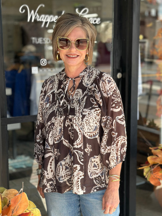 Embraced Paisley Print Top in Brown