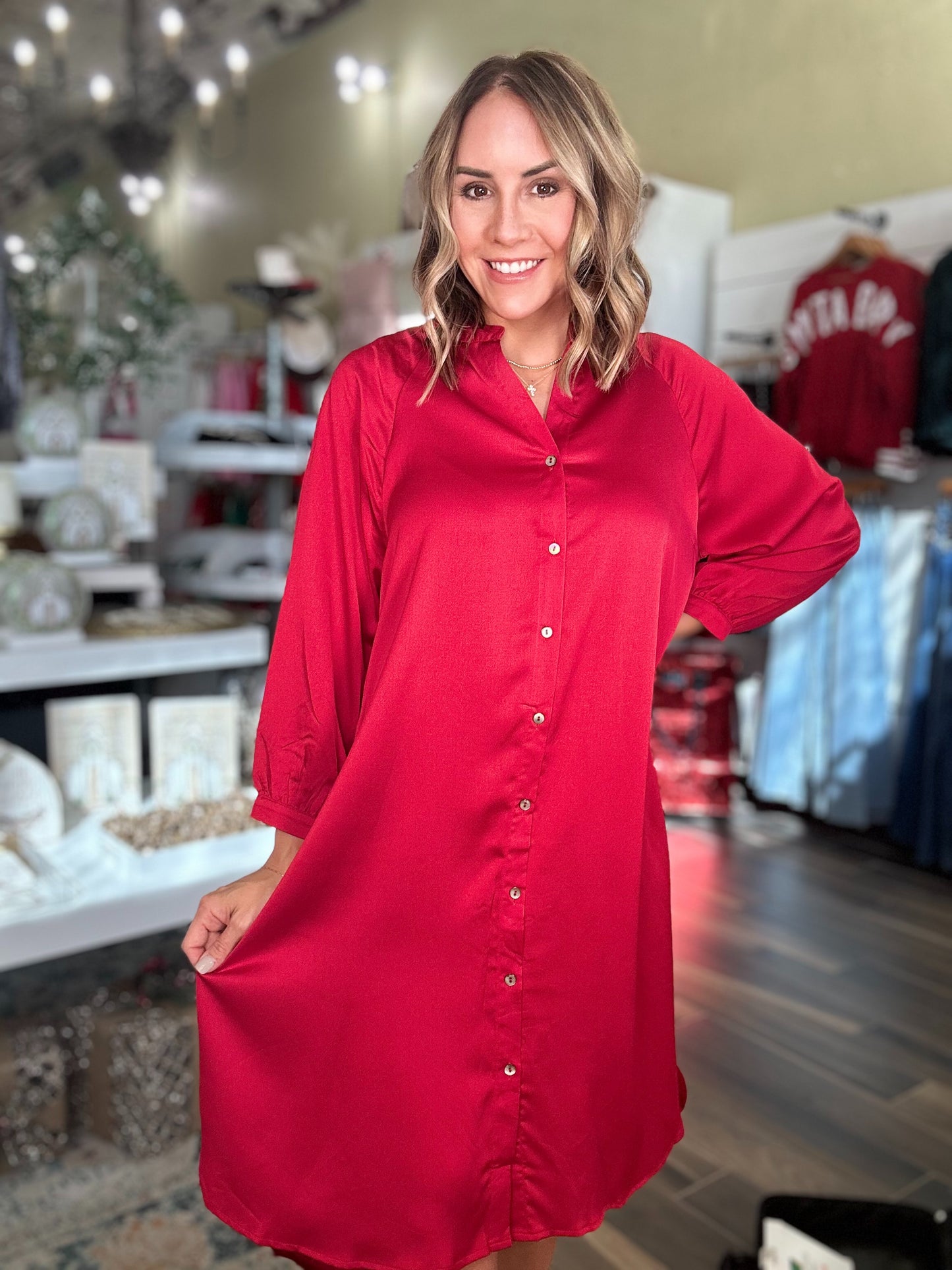 NEW! Holiday Happiness Midi Dress in Crimson