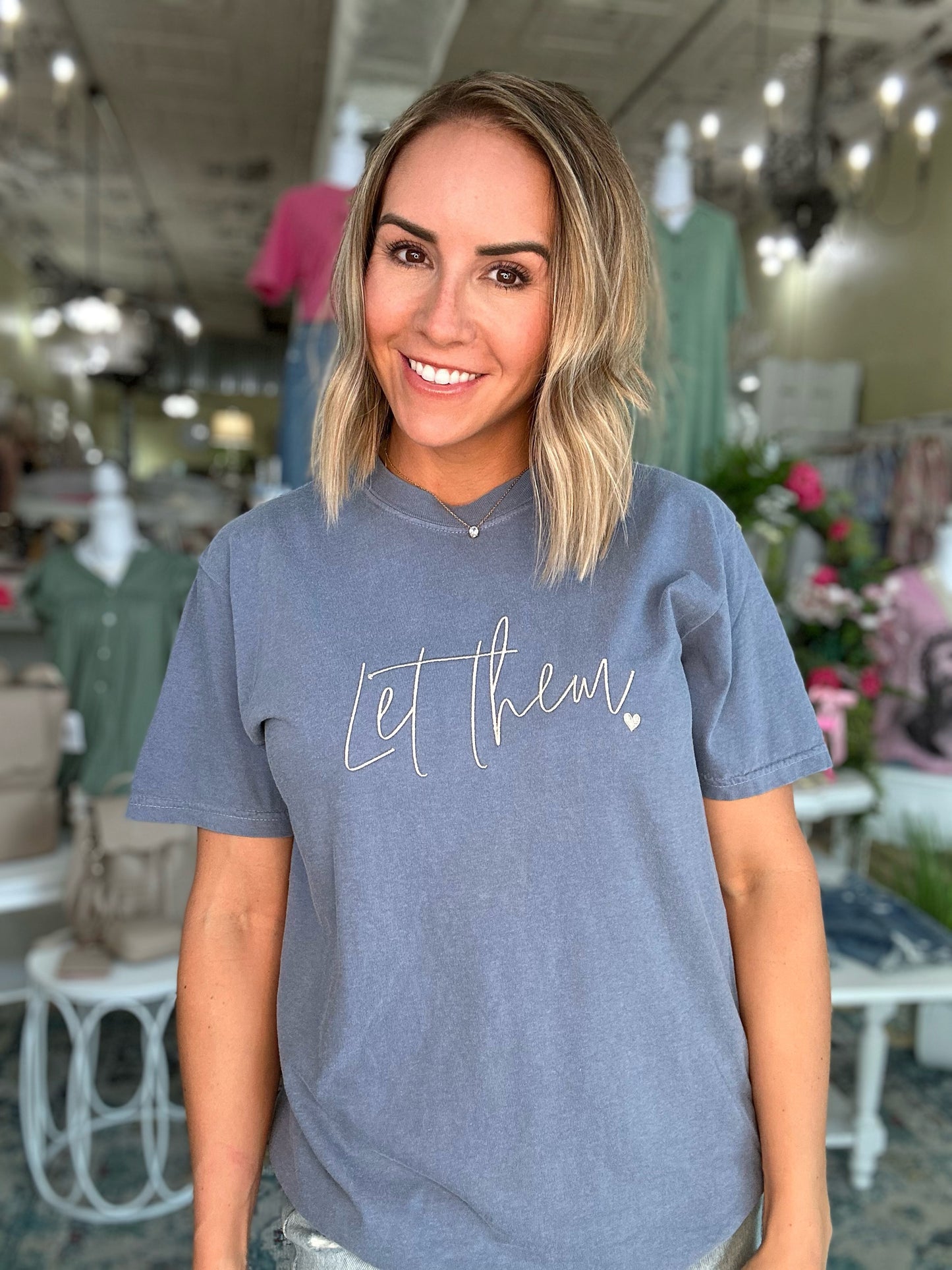 "Let Them" embroidered tee in blue