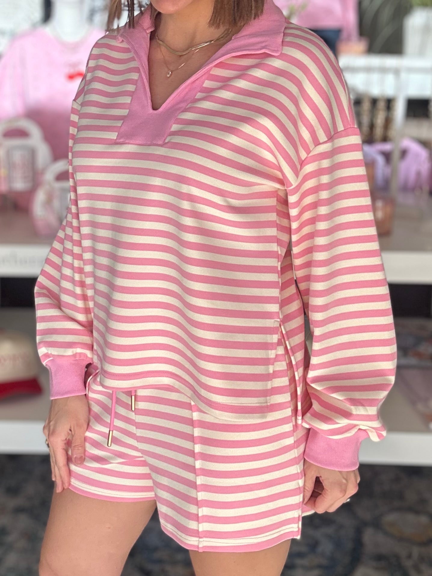 Love Line Pink Striped Shorts Set