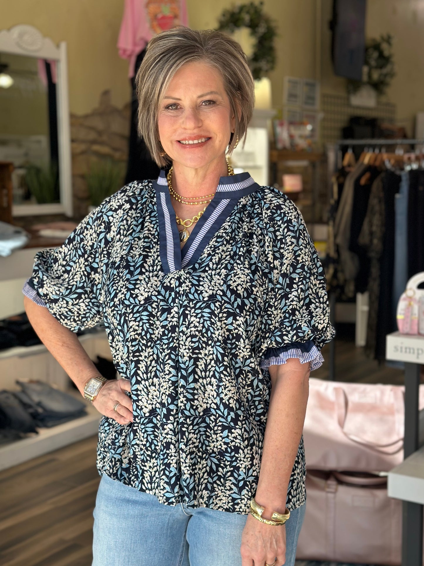 Burst of Floral Top in Navy