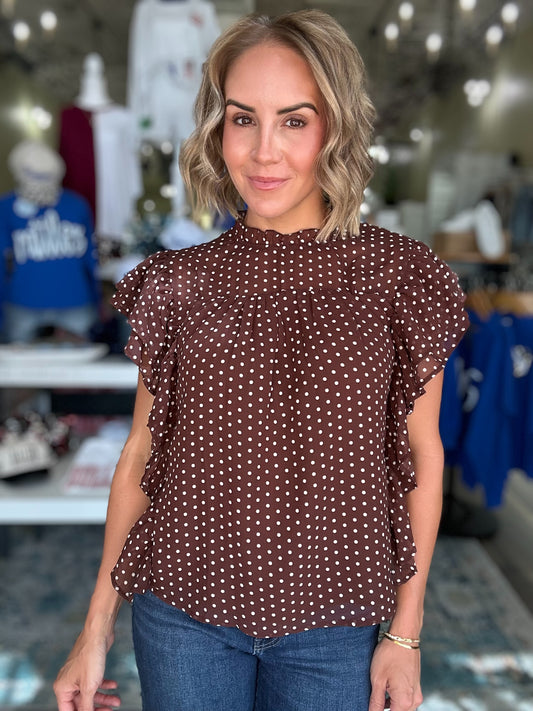 Girl Charm Frilly Polka Dot Top in Brown