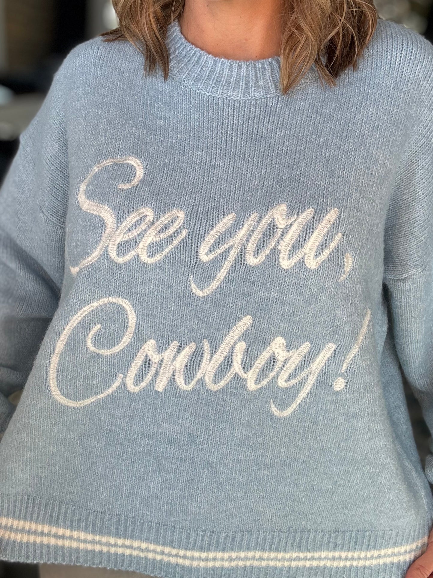 NEW! See You Cowboy Sweater in Powder Blue