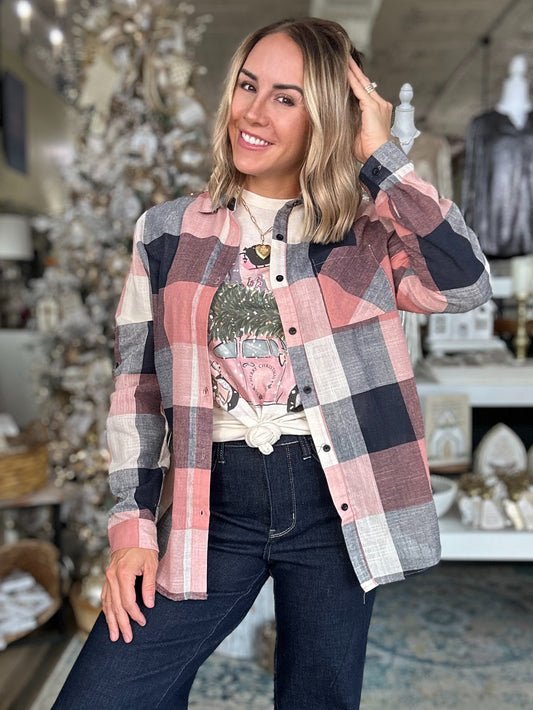 NEW! You're So Classic Plaid Top in mauve/navy