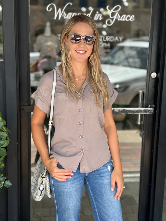 NEW! Calm and Cool Button Down Top in Mushroom