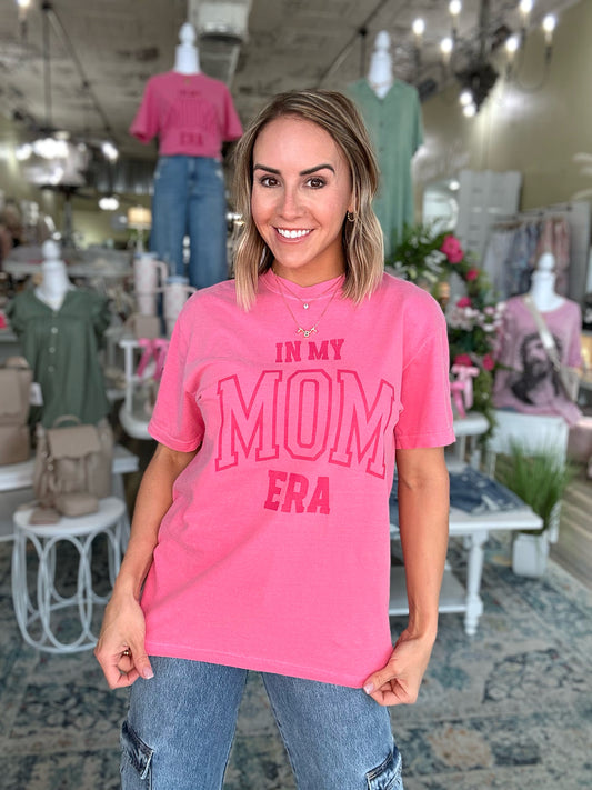 NEW! In My Mom Era embroidered tee in pink