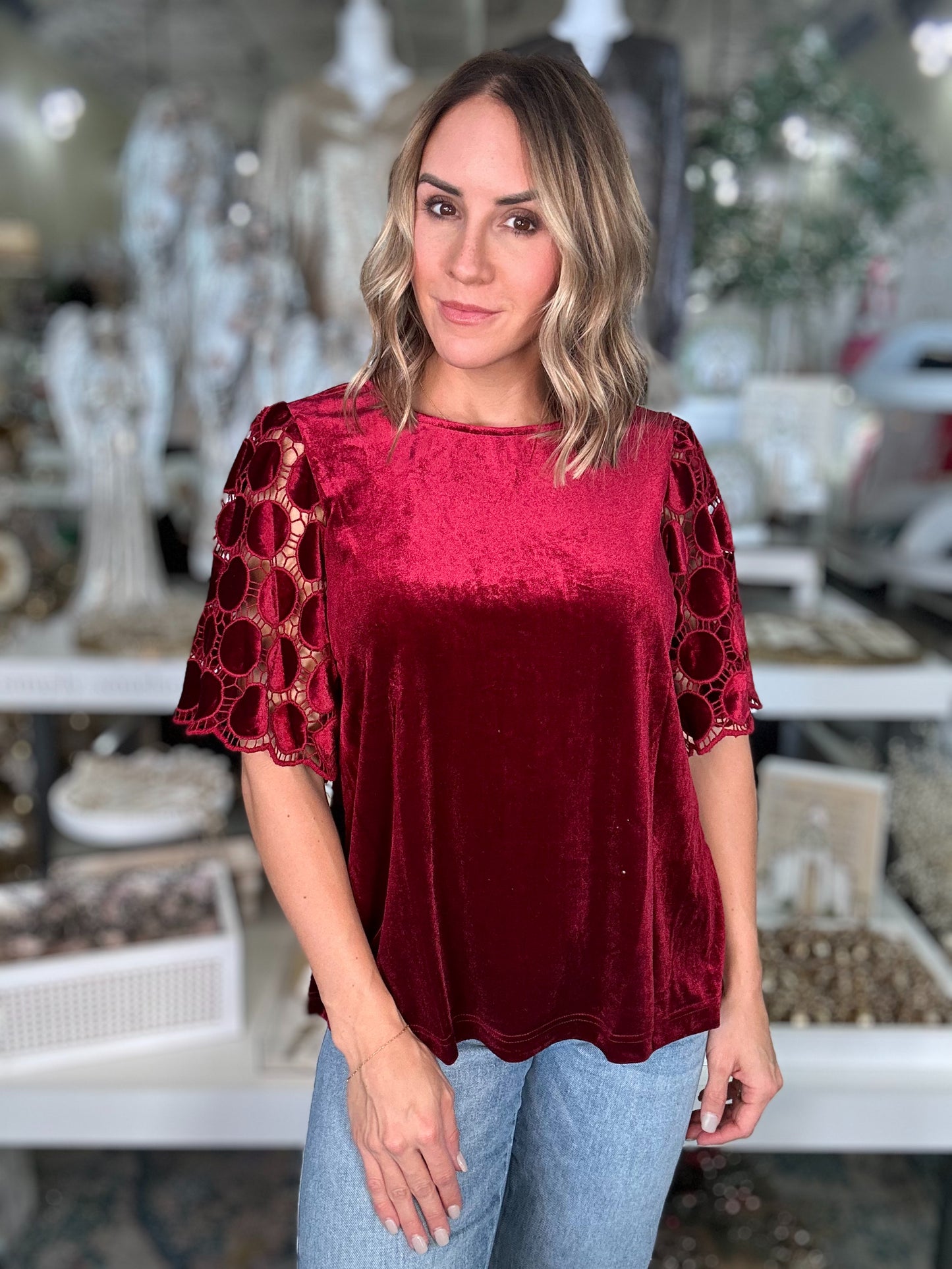 NEW! Home for The Holidays Velvet Top in Wine