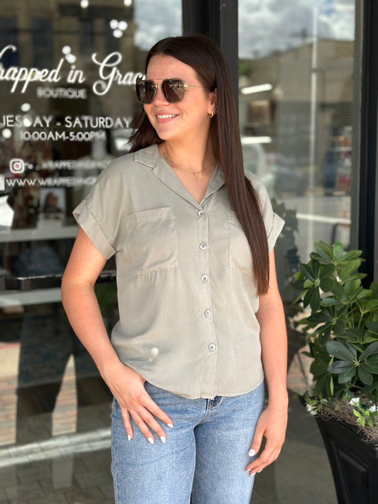 NEW! Calm and Cool Button Down Top in Sage