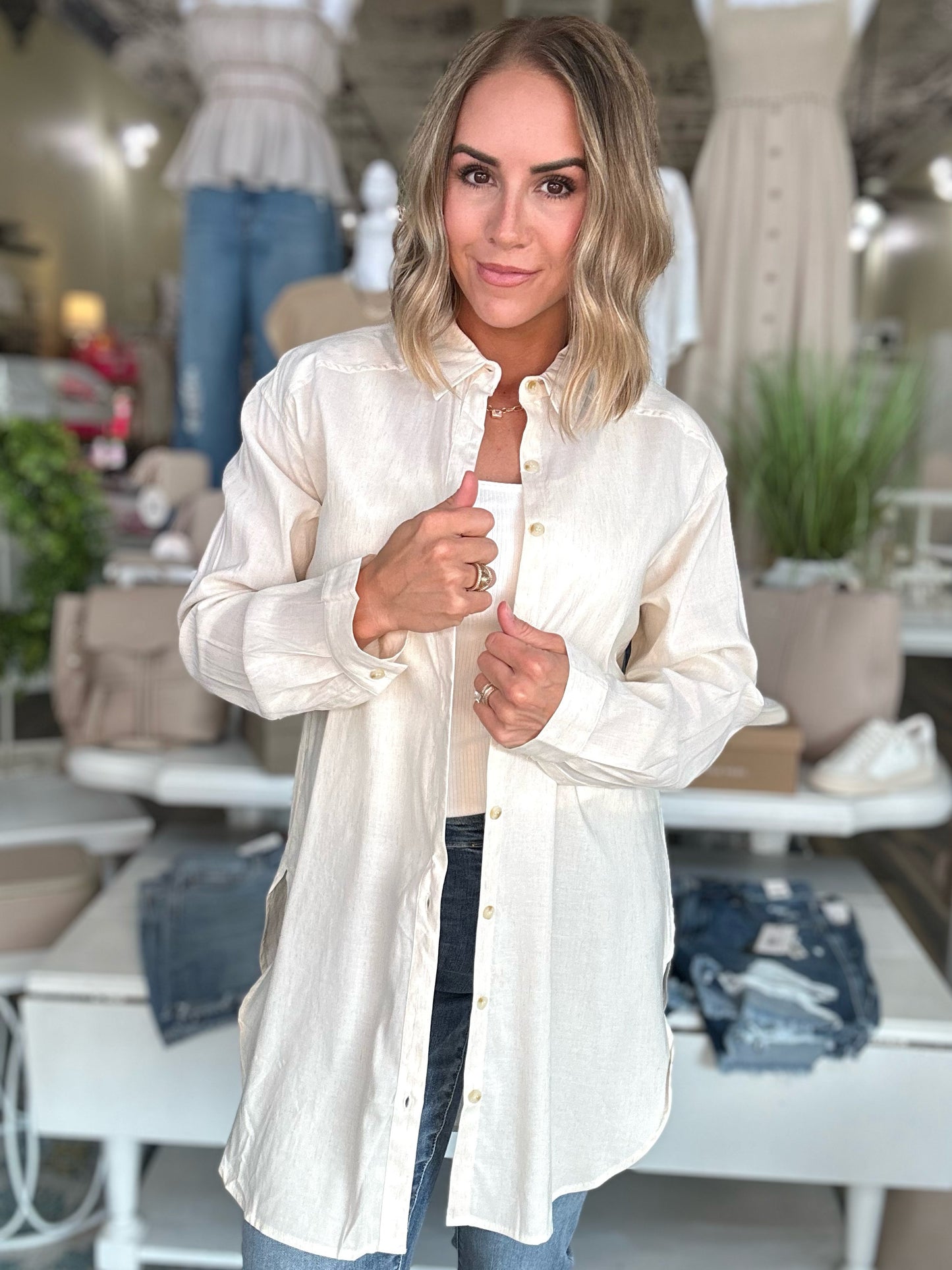 Sandy Grace button up top in oatmeal