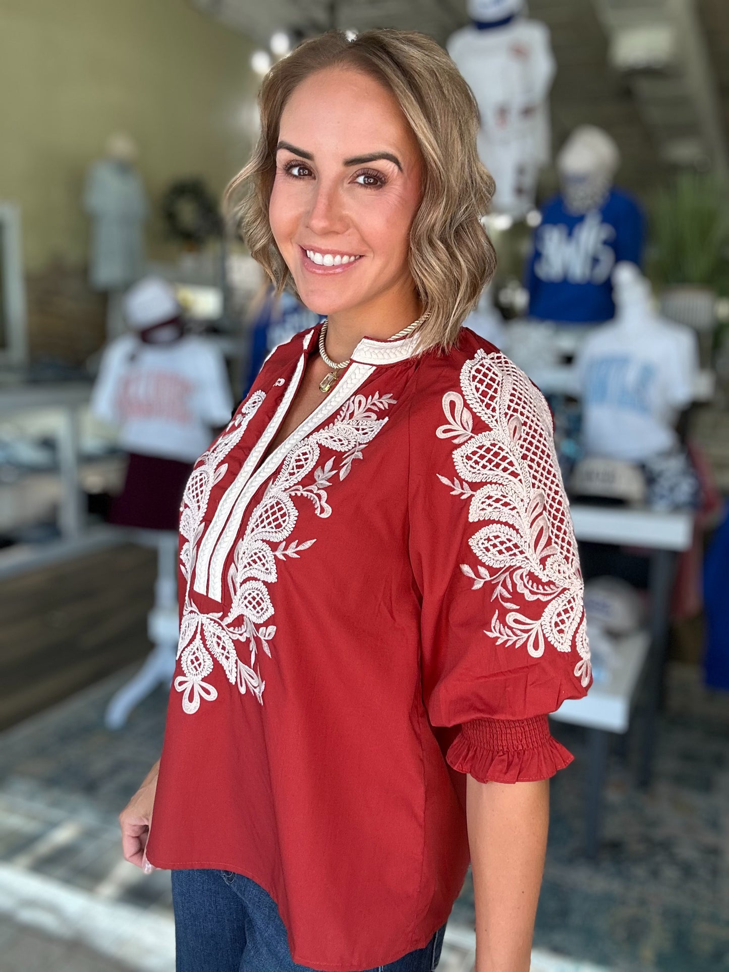 Embrace Embroidered Top in Brick