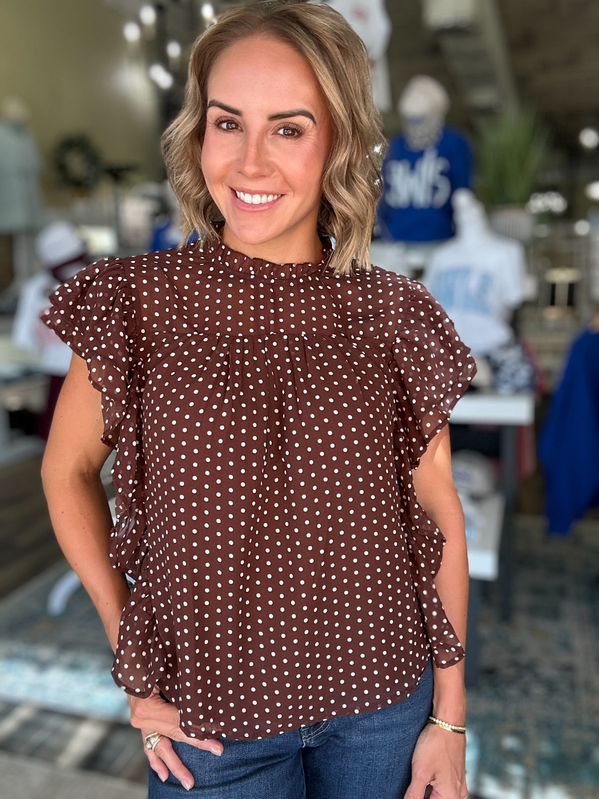 Girl Charm Frilly Polka Dot Top in Brown
