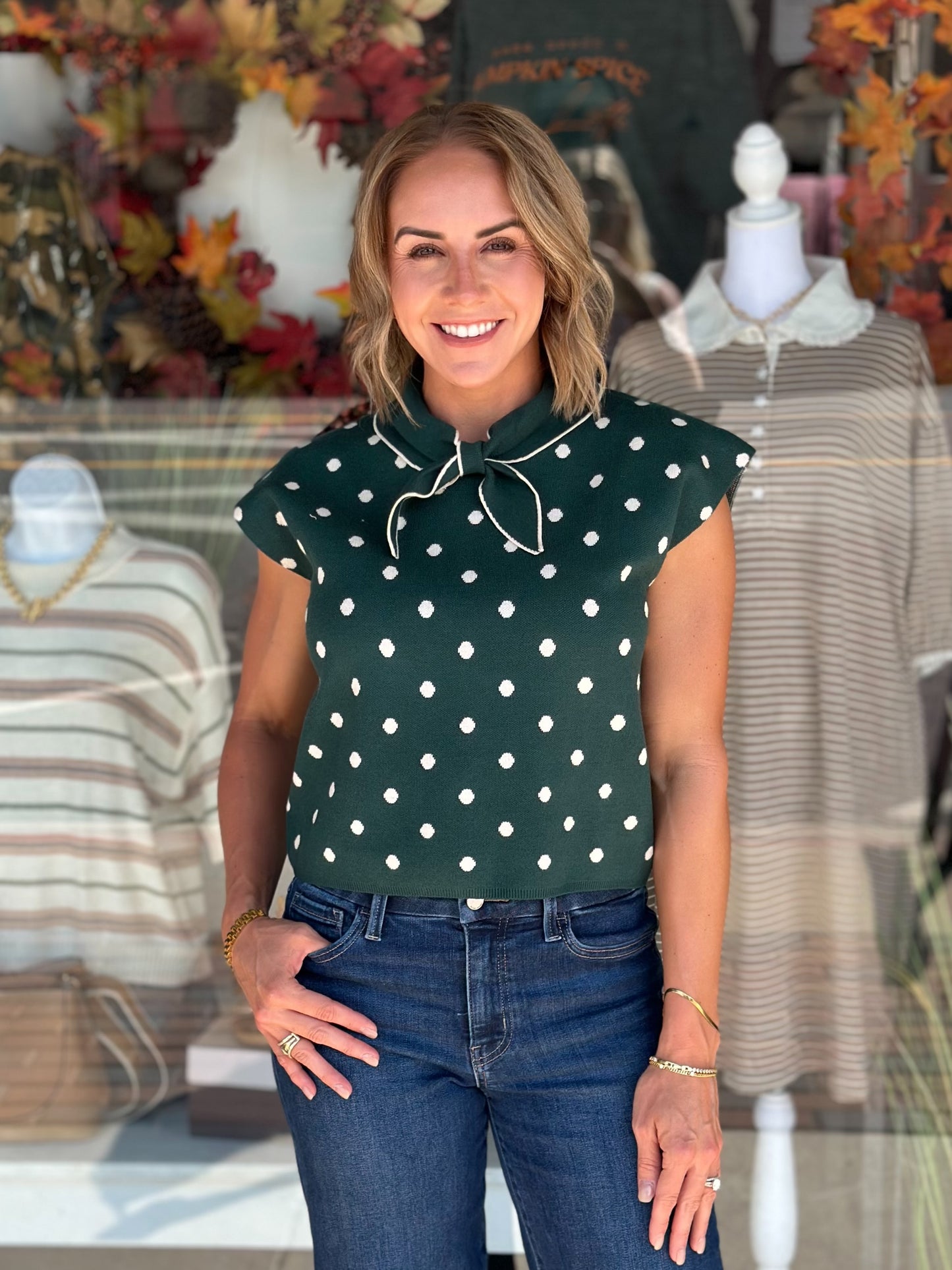 Sophisticated Polka Dot Sweater Top in Emerald