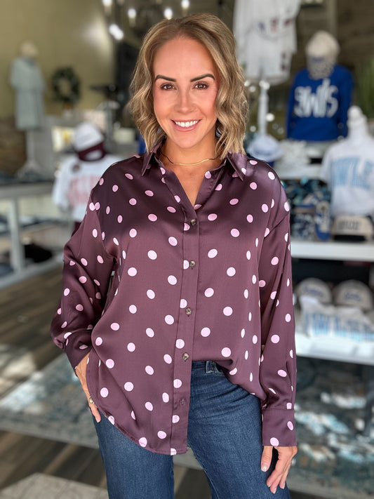 Delightful Day Polka Dot Top in Plum