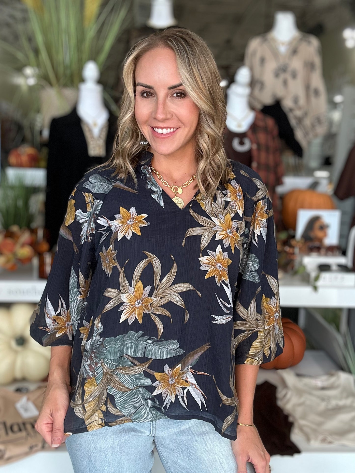 NEW! Nature's Floral Top in Navy
