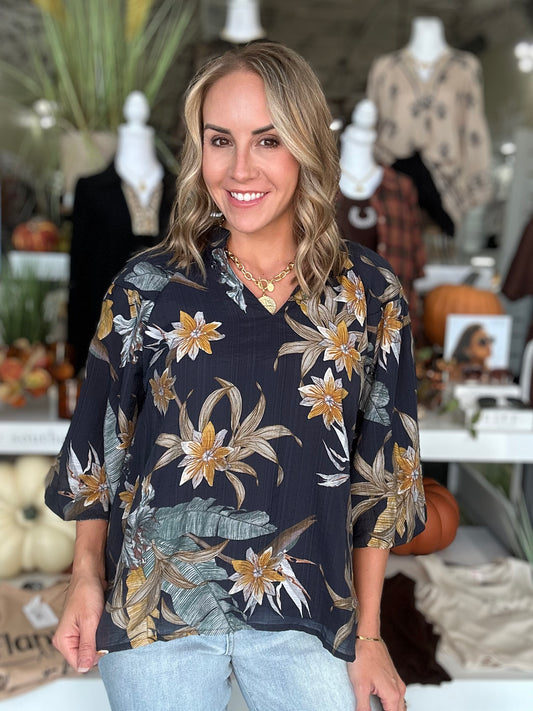 NEW! Nature's Floral Top in Navy