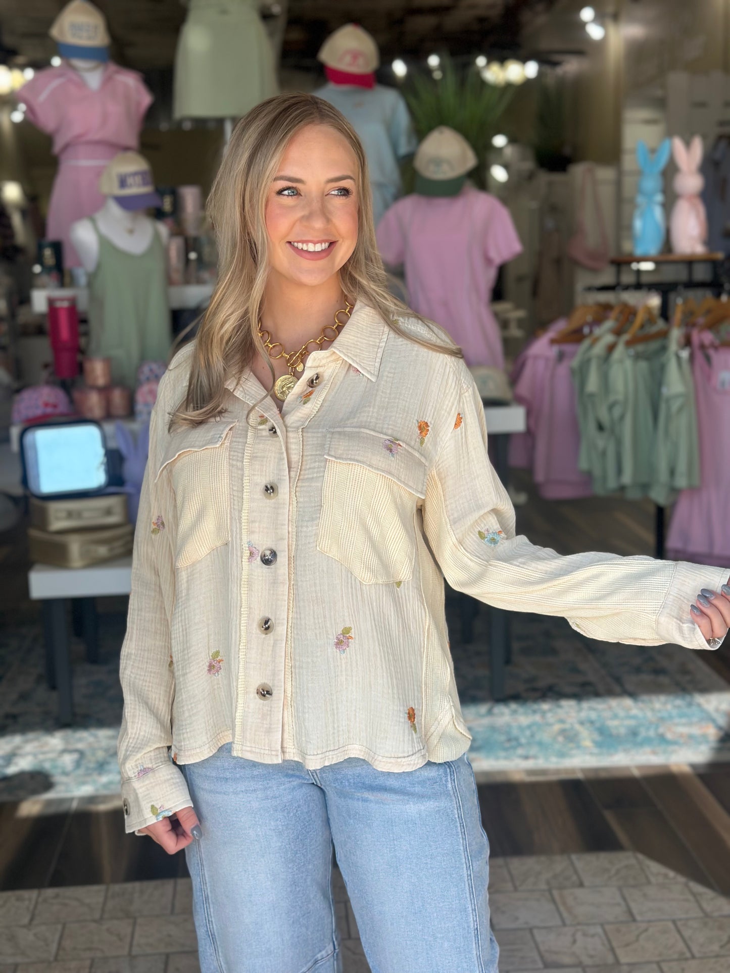 Garden of Flowers Button Top in Cream