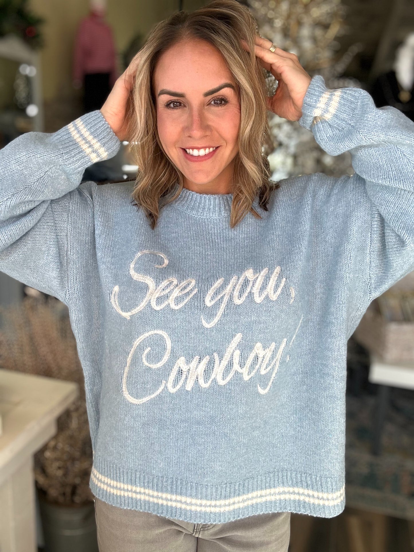 NEW! See You Cowboy Sweater in Powder Blue