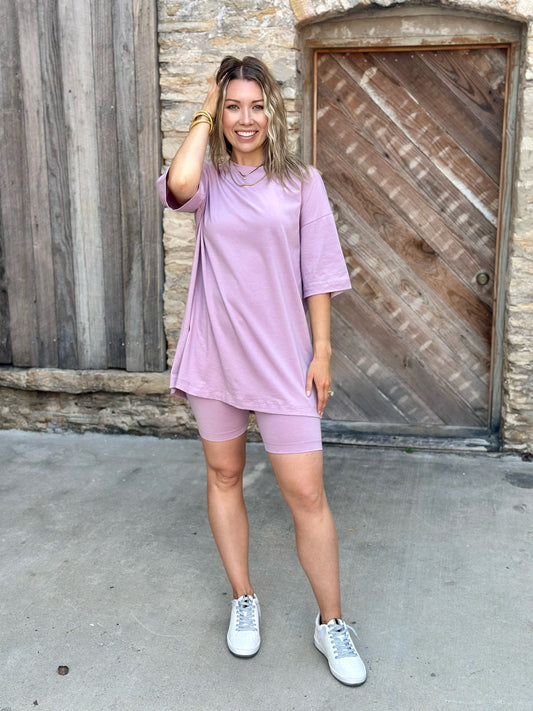 Ann Oversized Tee with Biker Shorts Set in Lilac