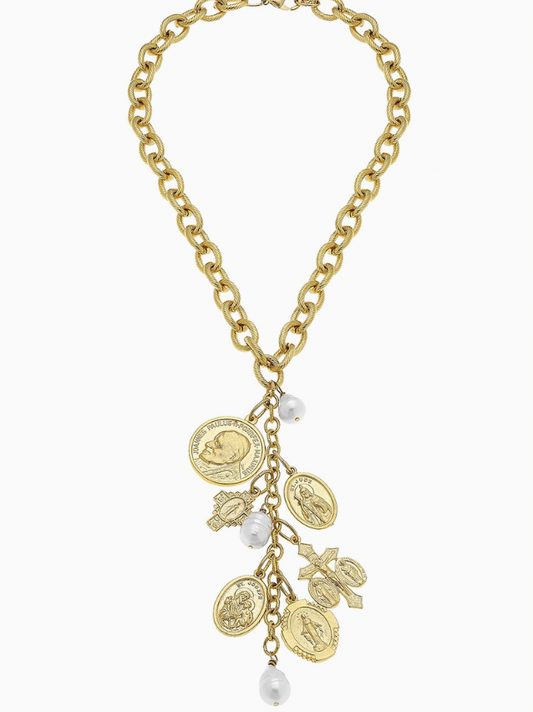 Susan Shaw Gold Saints Charms and Genuine Freshwater Pearl Necklace