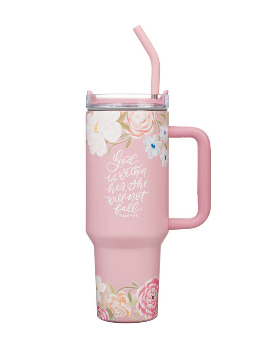 God Is Within Her, She Will Not Fall Tumbler in Pink