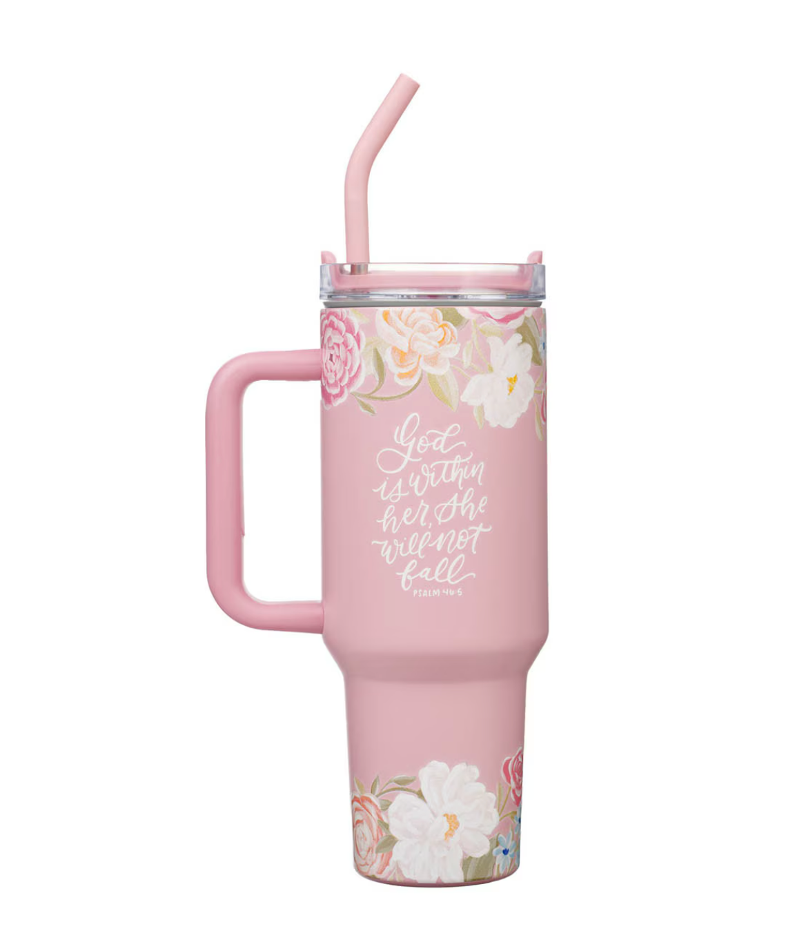 God Is Within Her, She Will Not Fall Tumbler in Pink