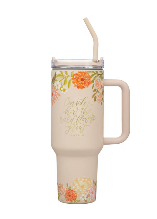 Consider How The Wild Flowers Grow Tumbler in Peach