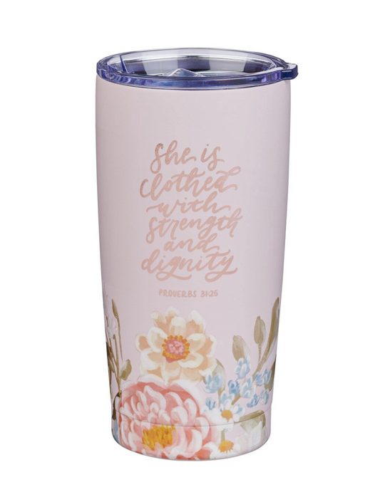 She Is Clothed With Strength and Dignity Pink Floral Tumbler