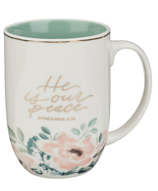He Is Our Peace Mug in Cream/Sage