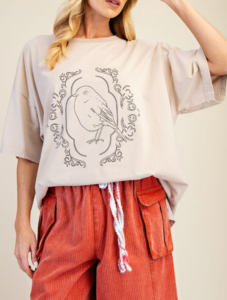 Bordered Bird Oversized Tee in Khaki