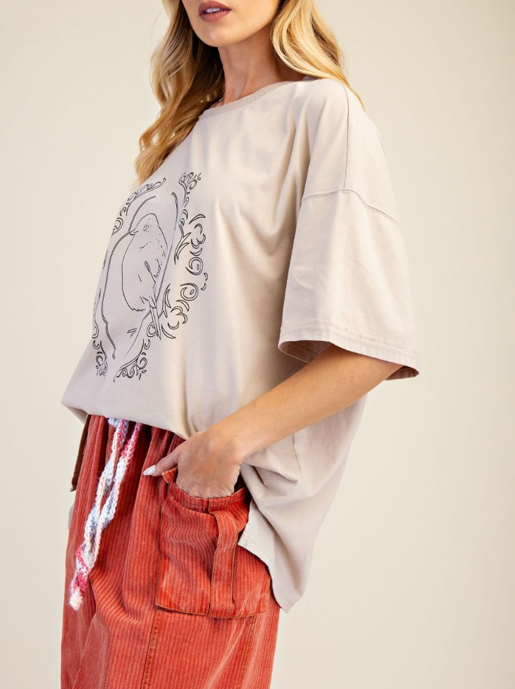 Bordered Bird Oversized Tee in Khaki