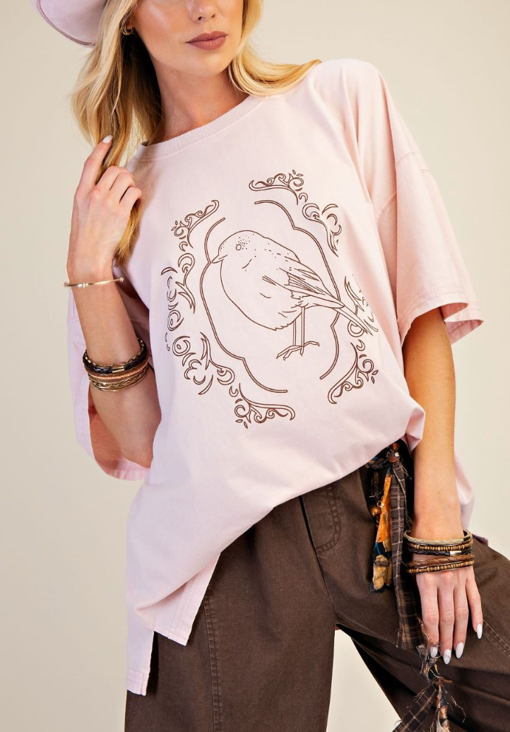 Bordered Bird Oversized Tee in Khaki