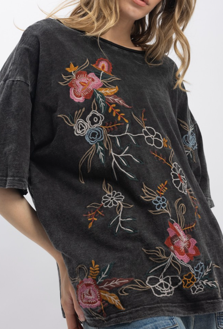 Floral Embroidered Top in Charcoal