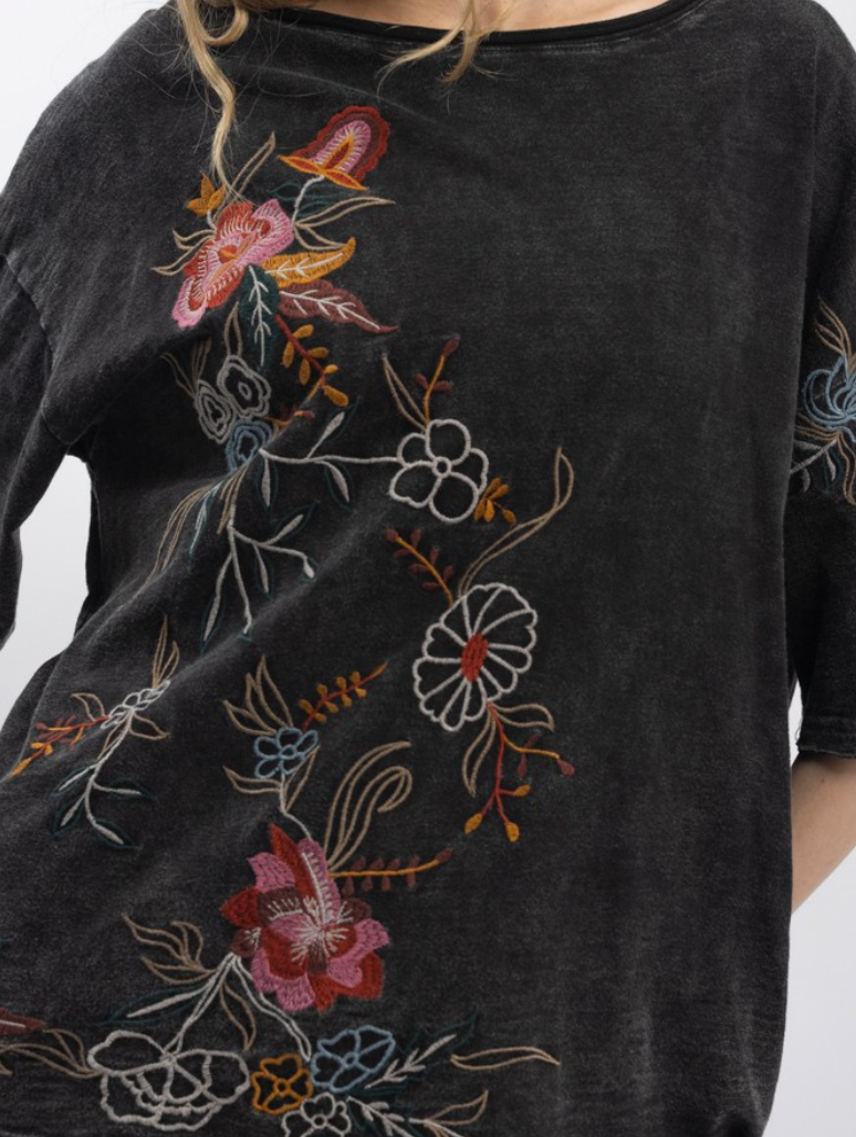 Floral Embroidered Top in Charcoal