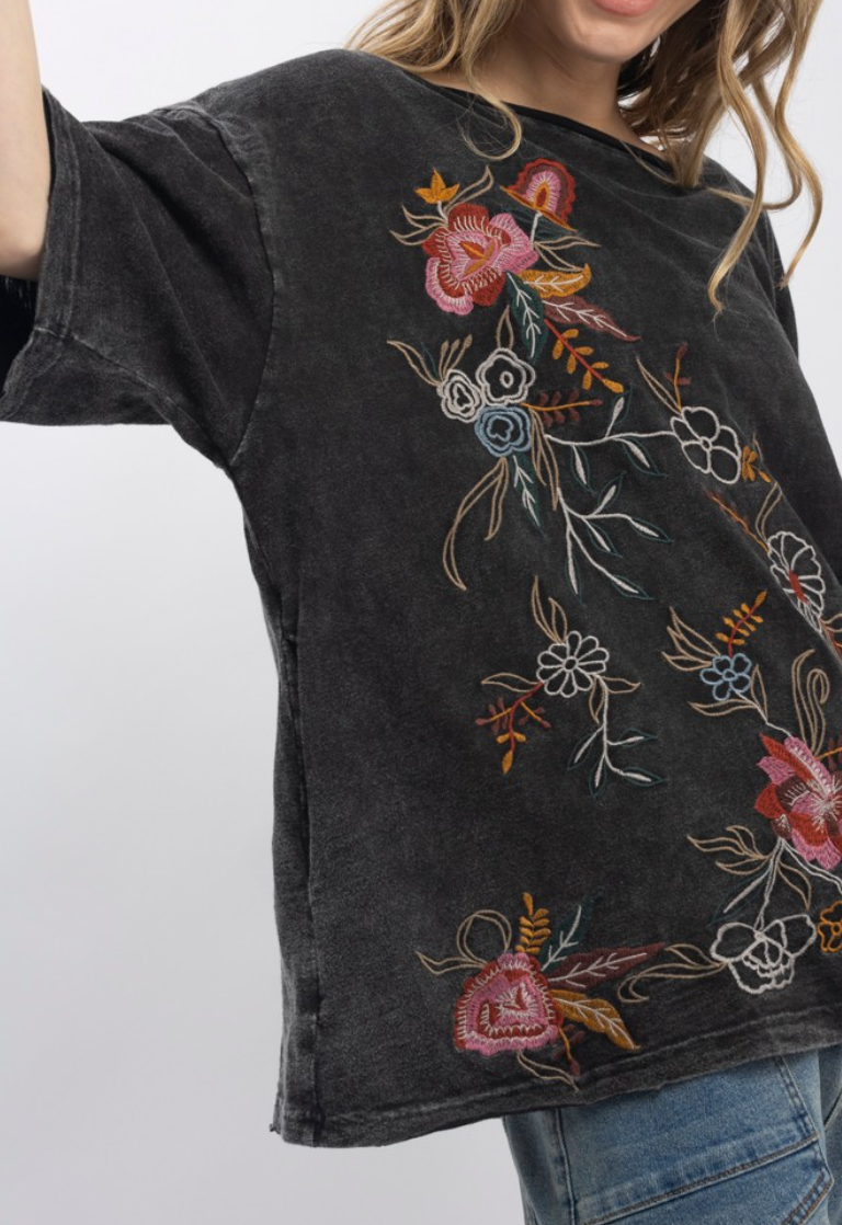 Floral Embroidered Top in Charcoal