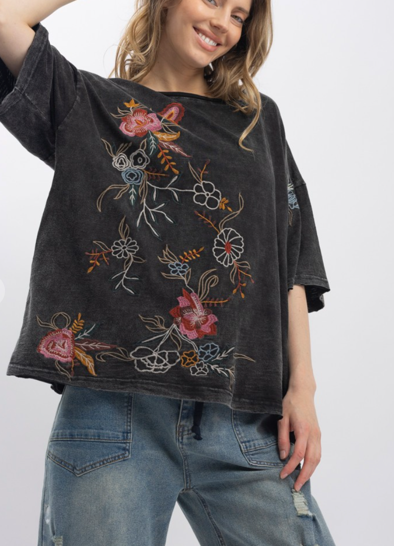 Floral Embroidered Top in Charcoal