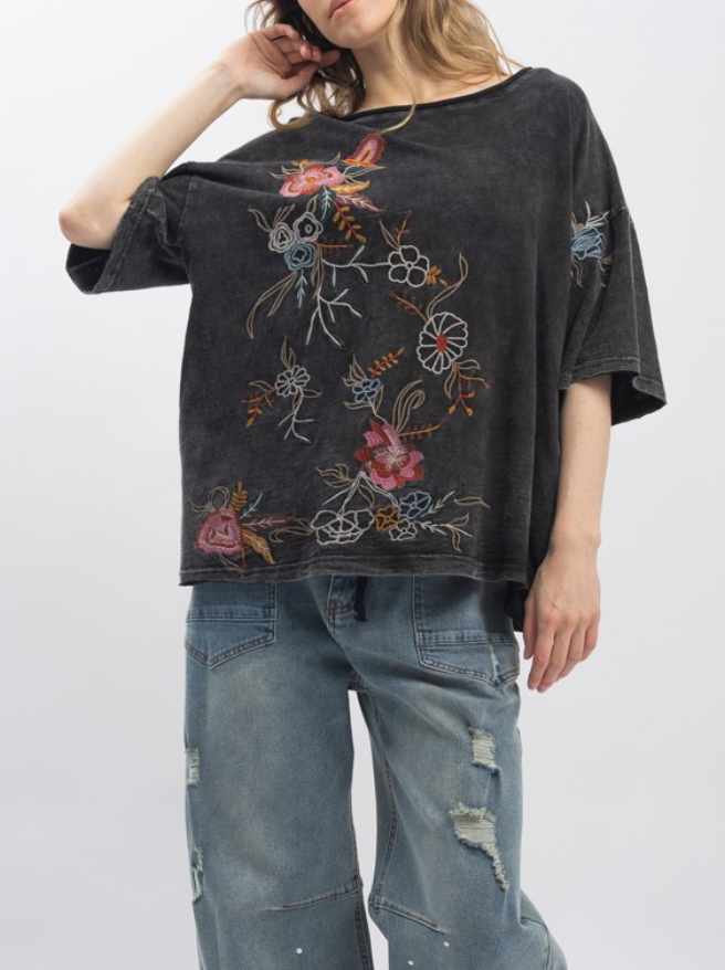 Floral Embroidered Top in Charcoal
