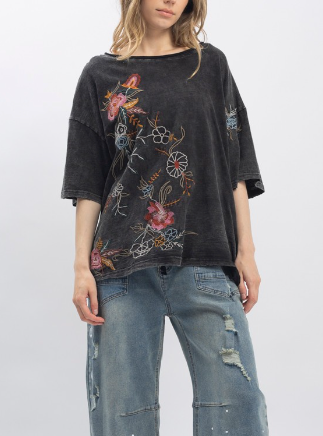 Floral Embroidered Top in Charcoal