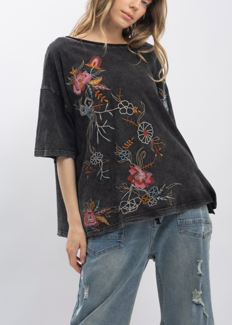 Floral Embroidered Top in Charcoal