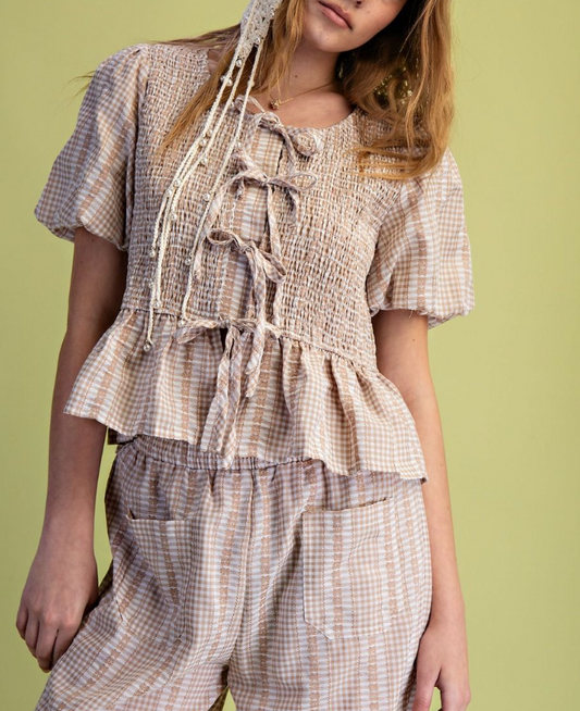 Sweet Glance Checkered Top in Latte
