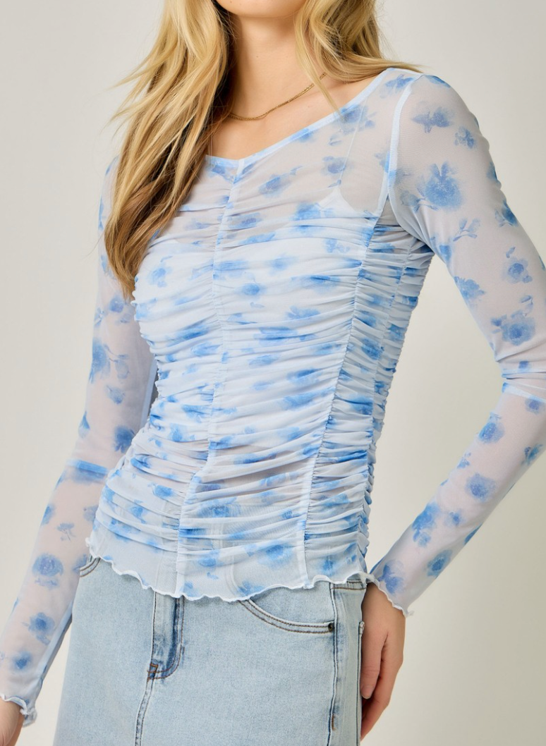 Pretty in Floral Mesh Top in Blue