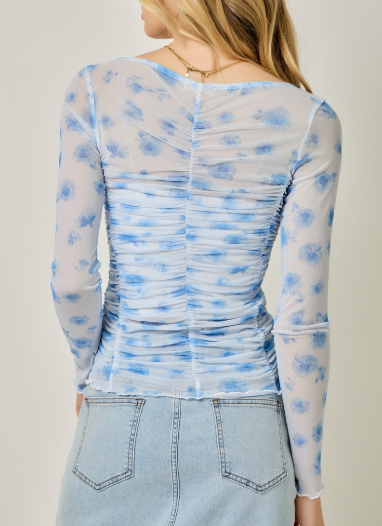 Pretty in Floral Mesh Top in Blue